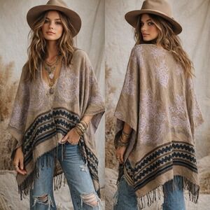 Free People Boho Fringe Poncho Shawl Wrap Festival Western Earthy Kimono